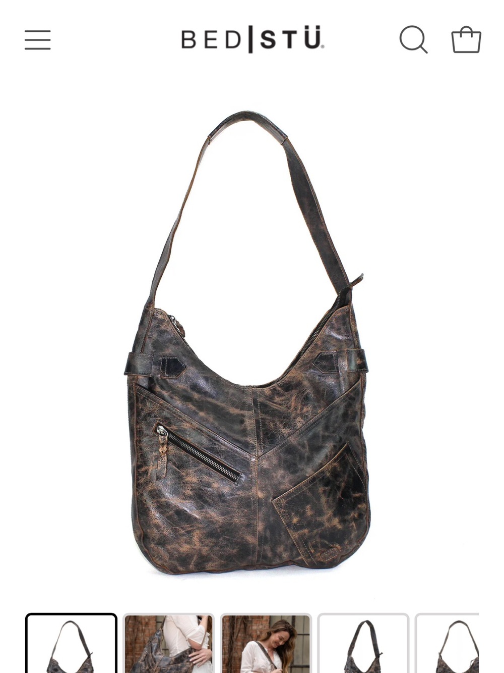 NWOT Bed|Stu Distressed Brown Leather Hobo Shoulder Bag Boho Rustic Large boho - Picture 5 of 5